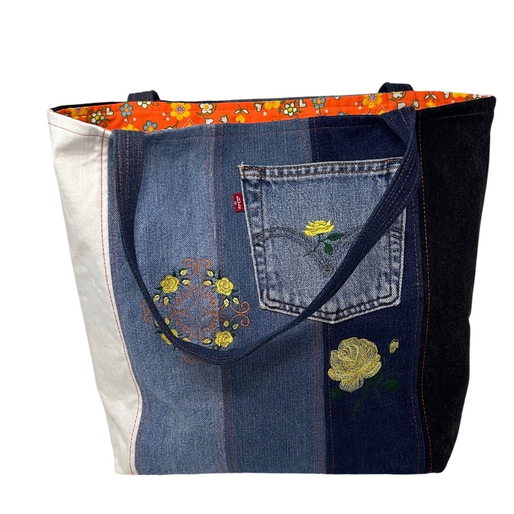 Levi's Mercado Global Patchwork Denim Tote Bag Embroidered Rose Floral Boho Blue - Picture 7 of 12